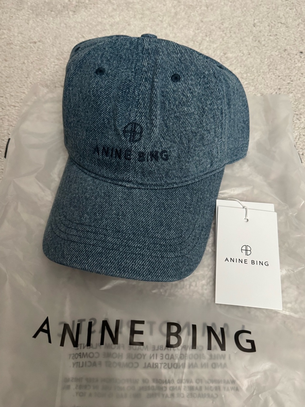 Anine Bing Indigo Denim Baseball Cap with Cream Trim